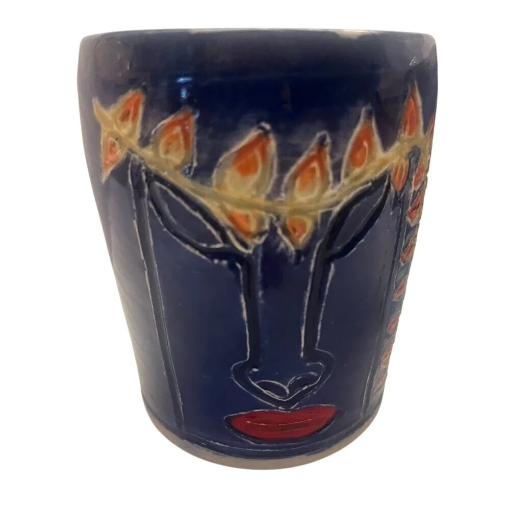 Pair of Hand Painted Wheel‎ Thrown Pottery Tiki Mugs Drinkware Cups